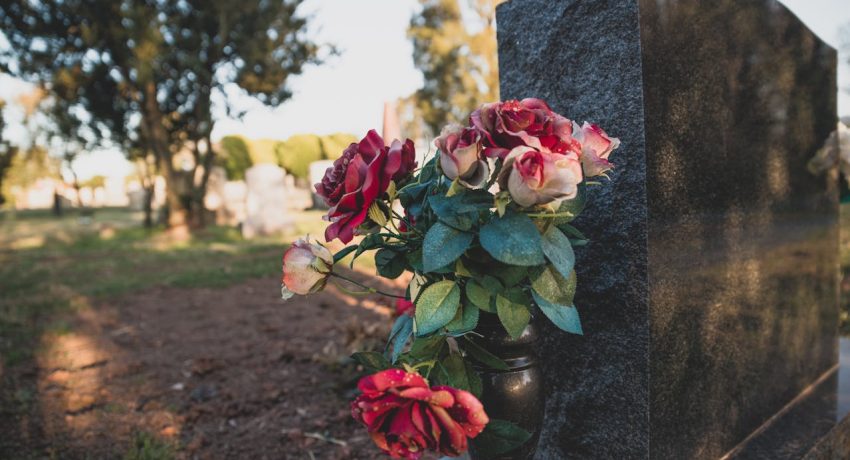 Buquê de rosas vermelhas e rosas em vaso preto à frente de uma lápide em um cemitério, representando uma homenagem.